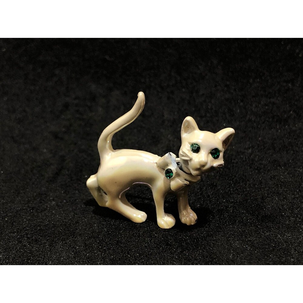 Kitty Cat Brooch Vintage Pearlescent Articulated Green Rhinestone Eyes F…